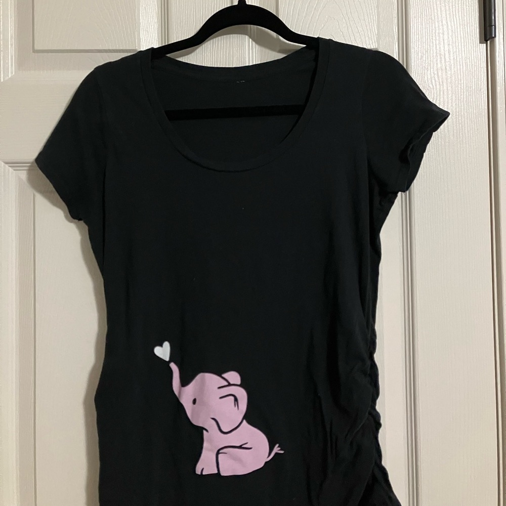 Black maternity shirt with pink elephant on belly